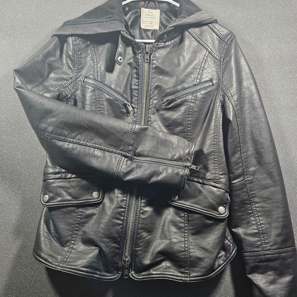 We The Free Vegan Leather Jacket Women’s M Black Hooded Moto Zip